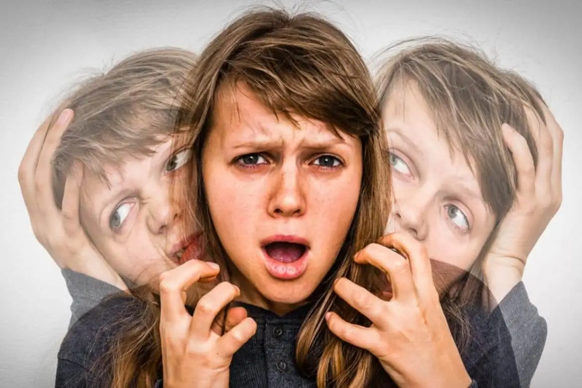 Illustration of a woman experiencing confusion and hallucinations, symbolizing schizophrenia symptoms
